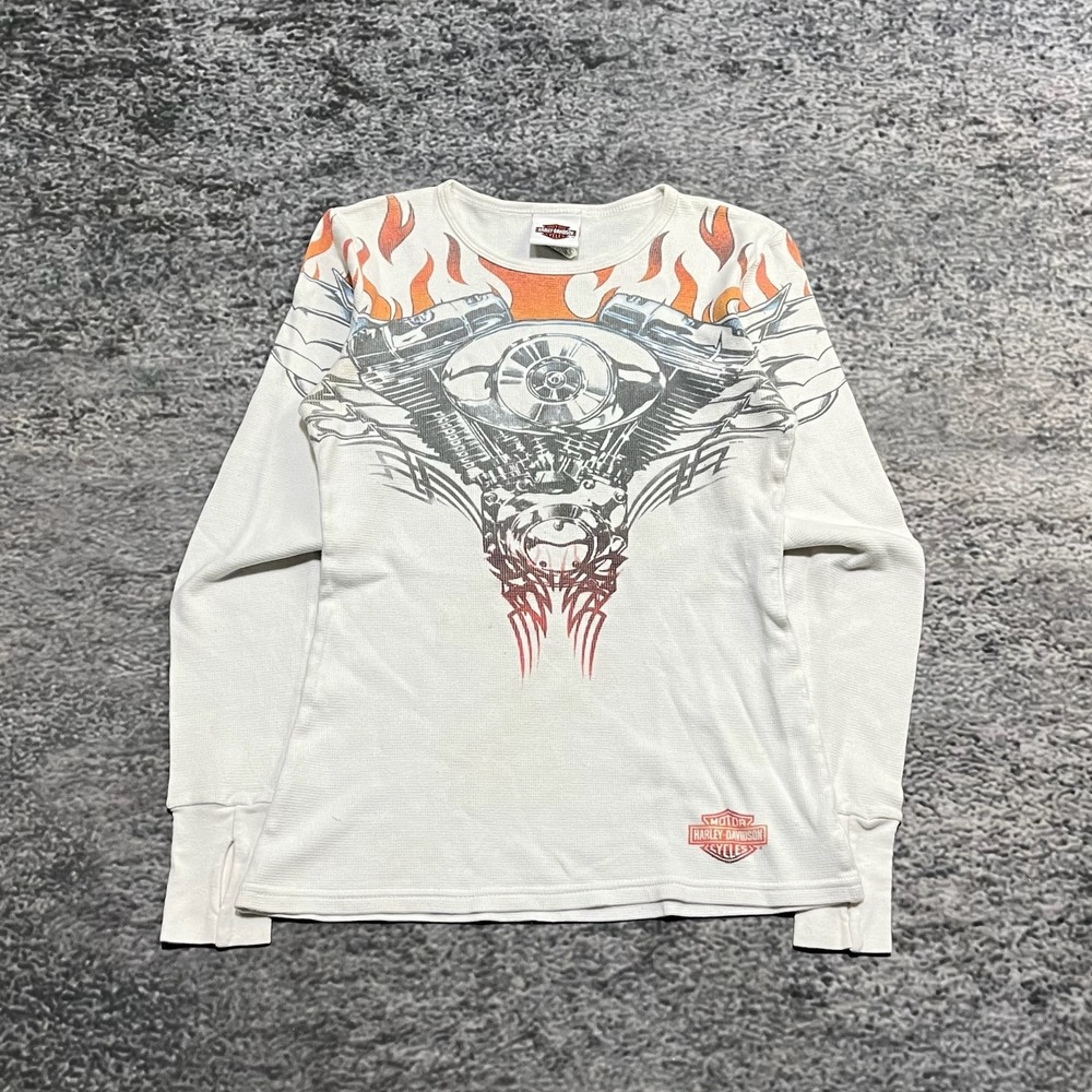 Harley Davidson Shirt Thermal Long Sleeve Womens Medium Vintage Y2K Flames‎